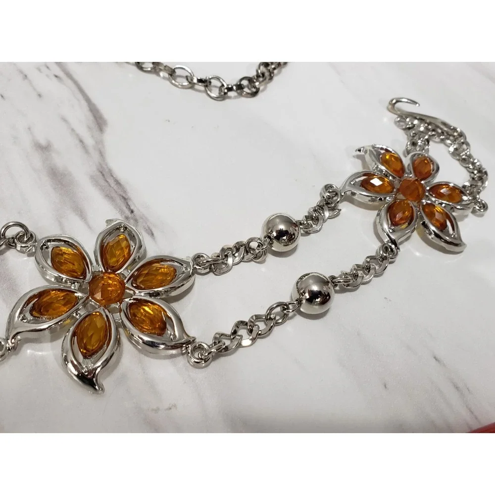 Vintage Y2K FLOWER LOTUS ORANGE RHINESTONE SILVER CHAIN BELT 90s 2000s